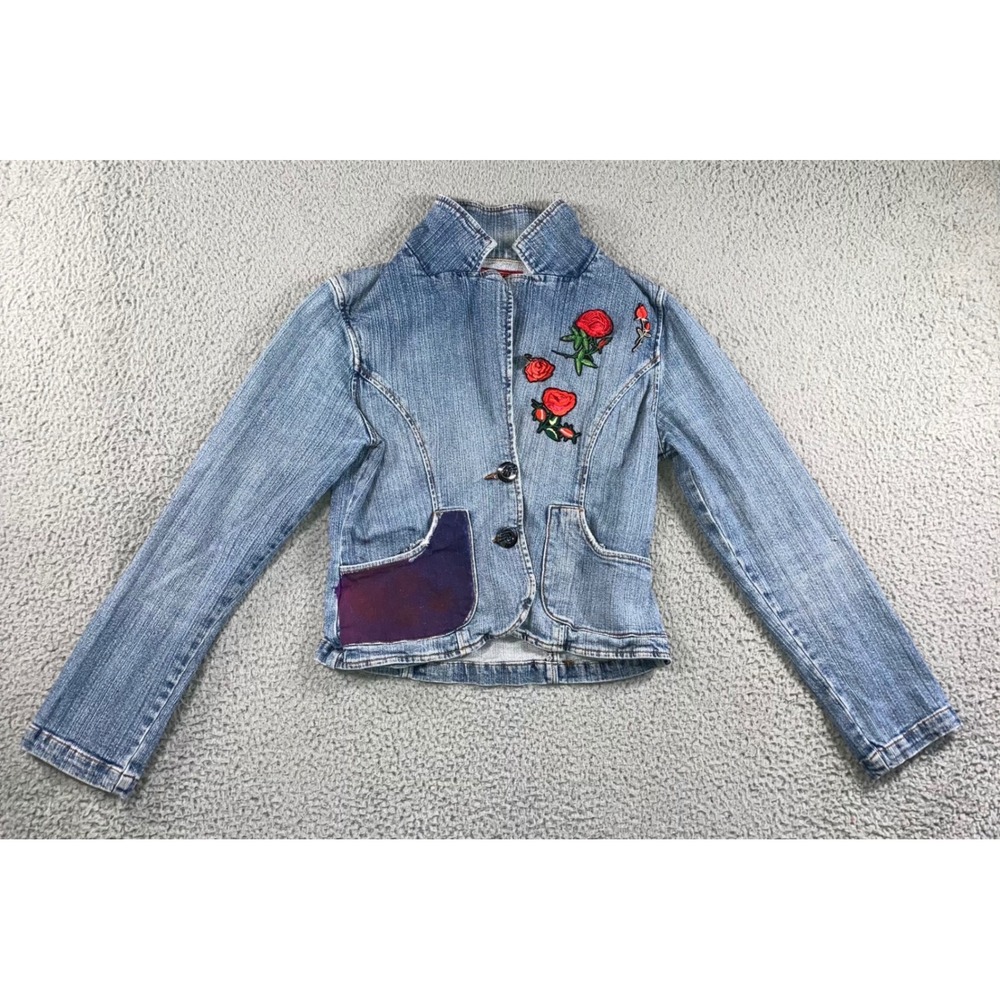 Vintage Denim Patch Jacket Women M Rose‎ Embroidered Patch Blue Jean Y2K 2000s - Picture 2 of 13